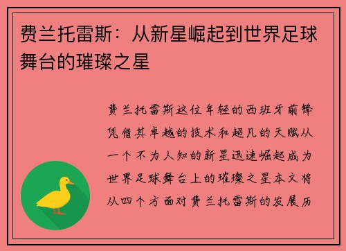 费兰托雷斯：从新星崛起到世界足球舞台的璀璨之星